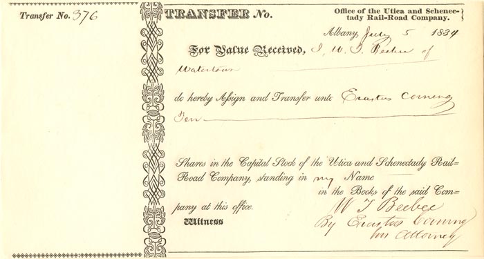 Utica and Schenectady Rail-Road Co. signed by Erastus Corning - Stock Certificate